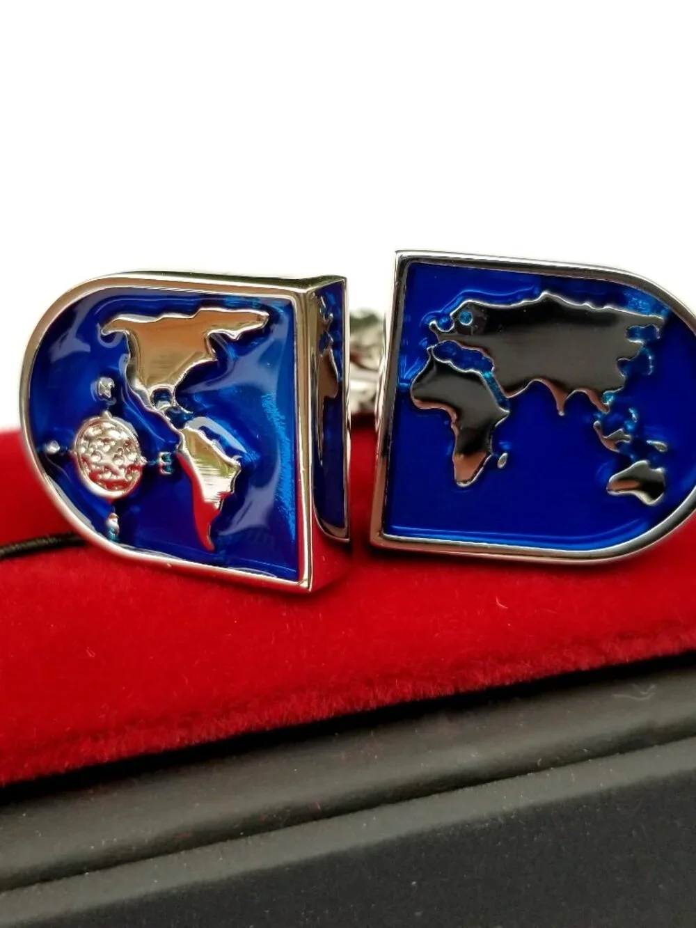 Blue World Map Cufflinks Links Father's Day Travel Geography Explorer Gift Silve